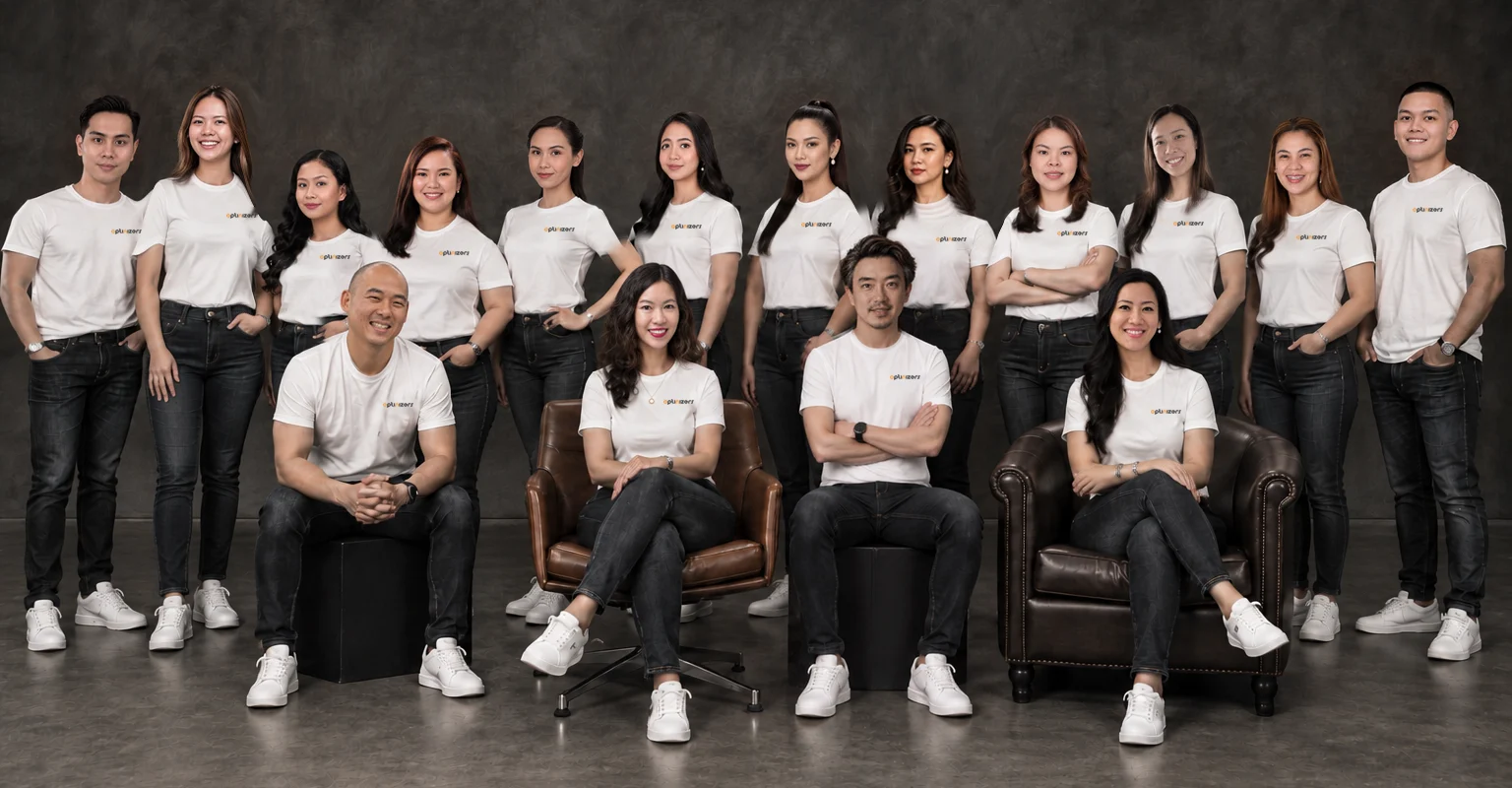 The OptiNizers team: founders and staff in white OptiNizers T-shirts