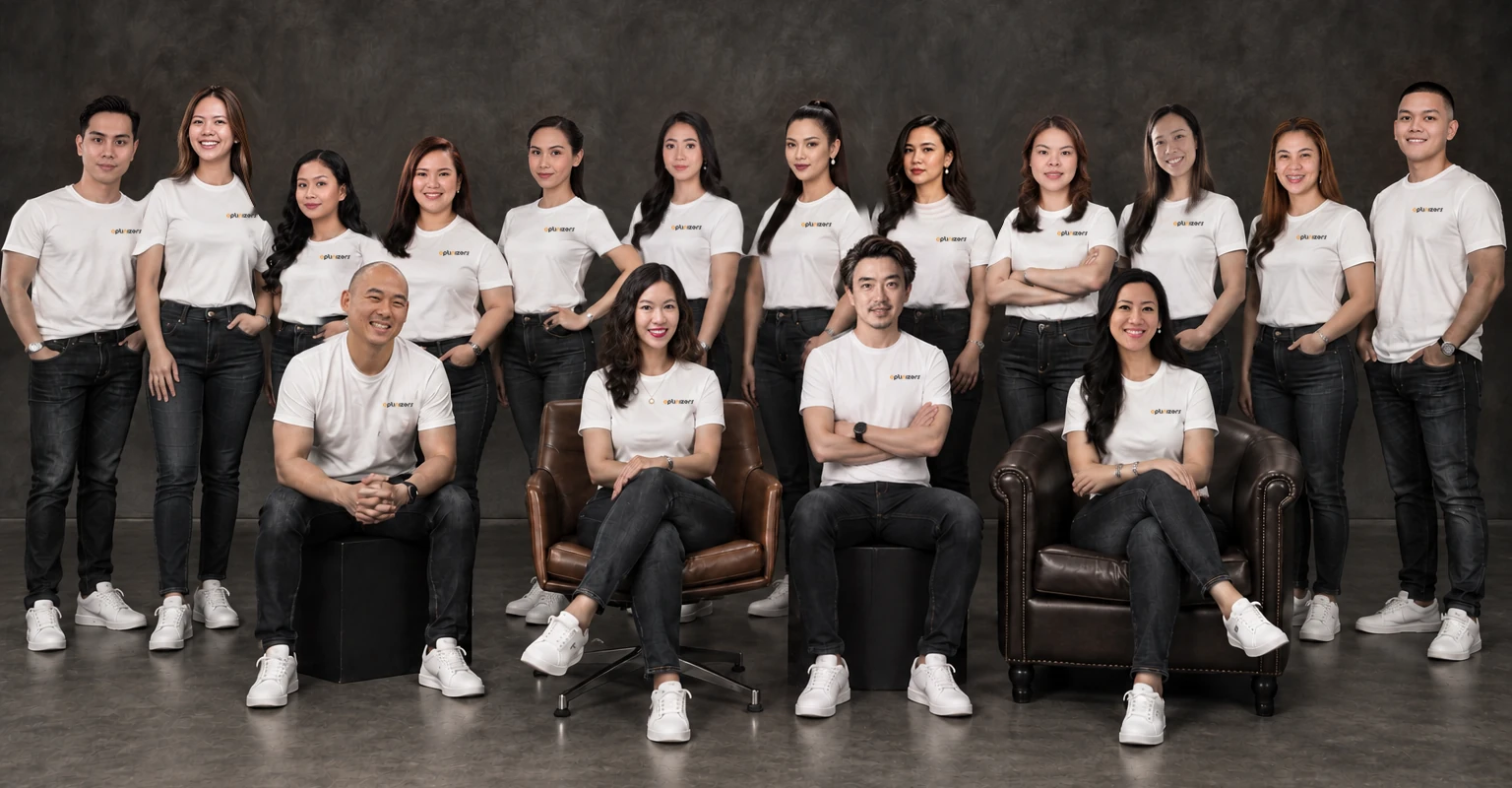 The OptiNizers team: founders and staff in white OptiNizers T-shirts